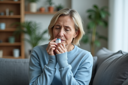Femme d'âge moyen utilisant un inhalateur dans un salon moderne