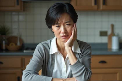 Femme d'âge moyen avec expression d'inconfort dans la cuisine