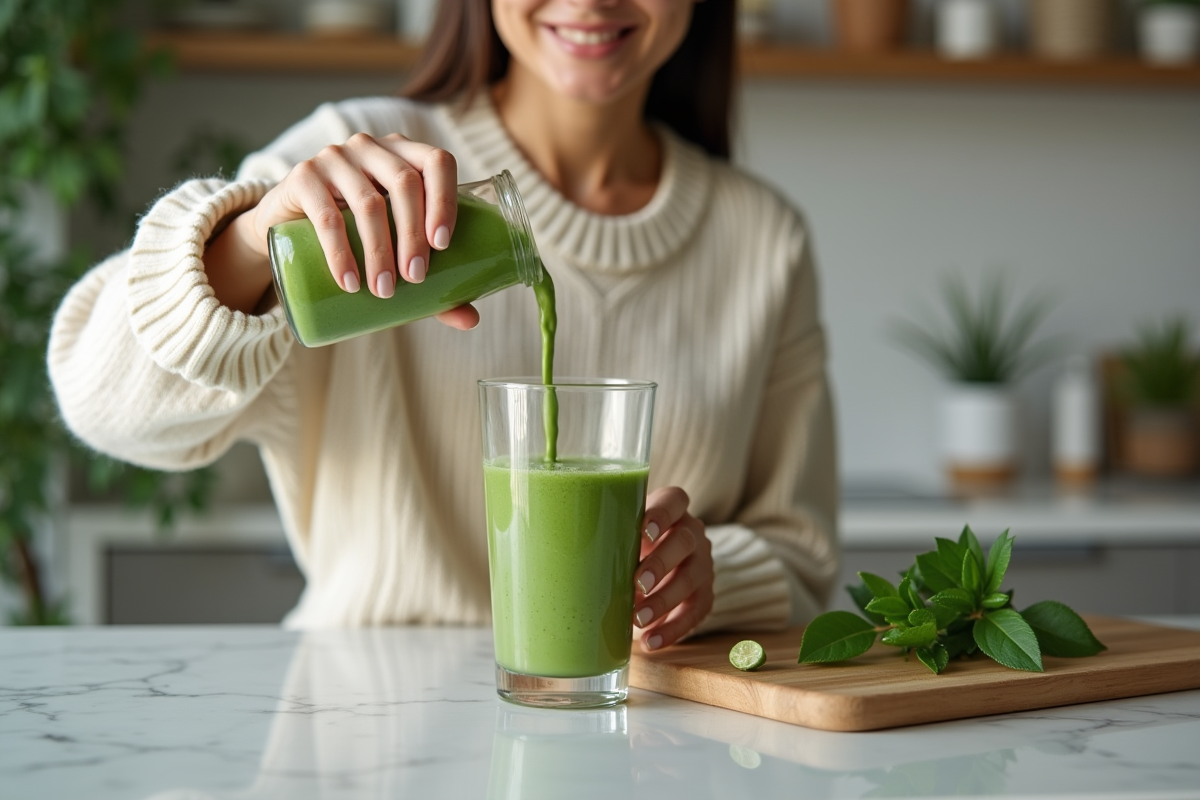 Femme versant un jus detox vert dans un verre moderne