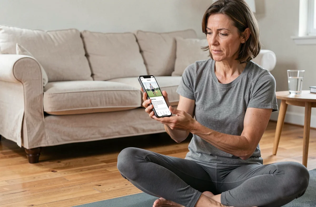Femme lisant des avis sur une application fitness depuis son salon avec un air réfléchi