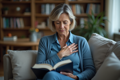 Femme d'âge moyen lisant dans son salon avec expression préoccupée