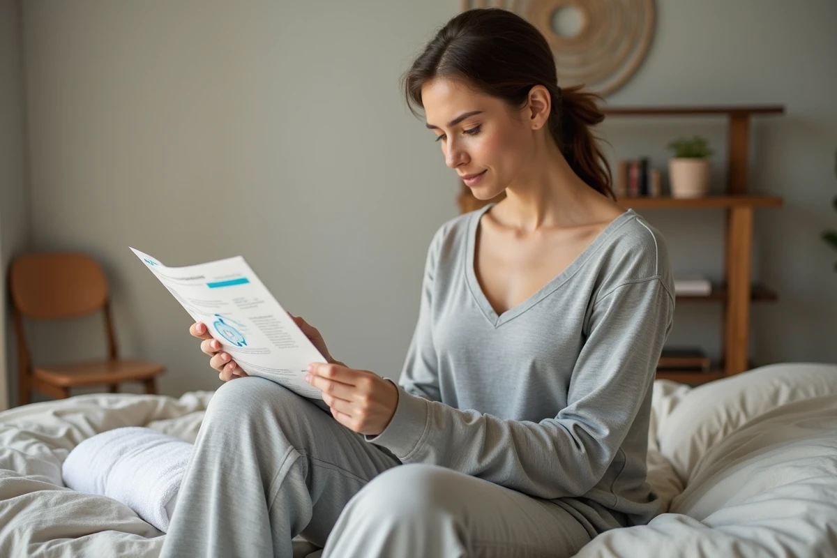 Femme lisant un pamphlet de santé dans sa chambre