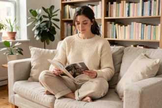 Femme lisant un magazine de psychologie positive dans un salon chaleureux et minimaliste, ambiance apaisante et introspective