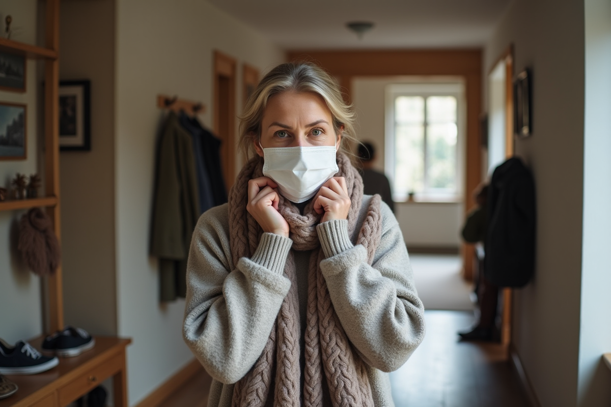 Femme d'âge moyen portant un masque dans un intérieur moderne