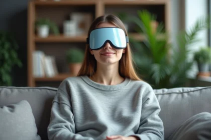 Jeune femme avec masque migraine dans un salon cosy