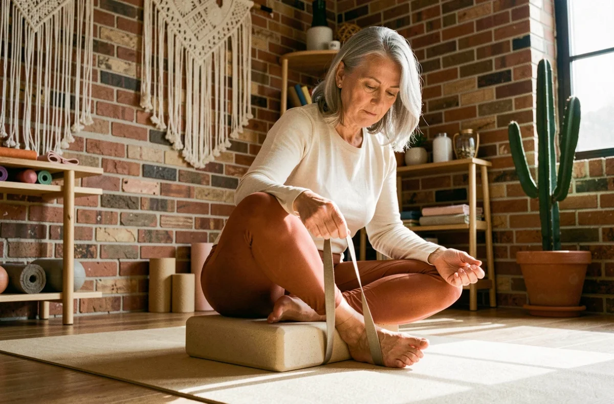 Femme mature utilisant un bloc et une sangle pour adapter la posture du lotus dans un centre de bien-être