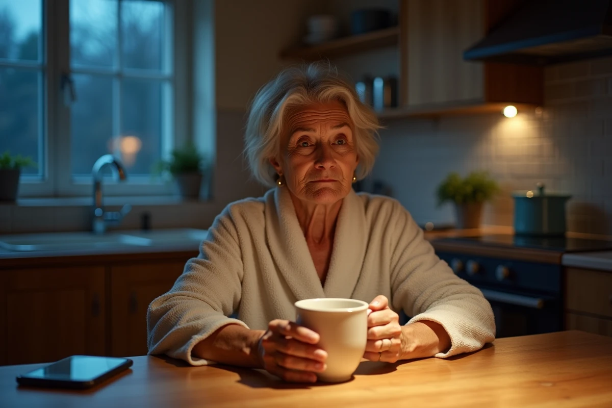 Femme mature attablée la nuit avec une tisane cherchant des informations sur les vibrations corporelles nocturnes