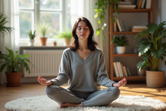 Femme méditant dans un salon lumineux et paisible