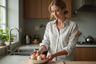 Femme arrangeant des œufs dans un bol en cuisine moderne