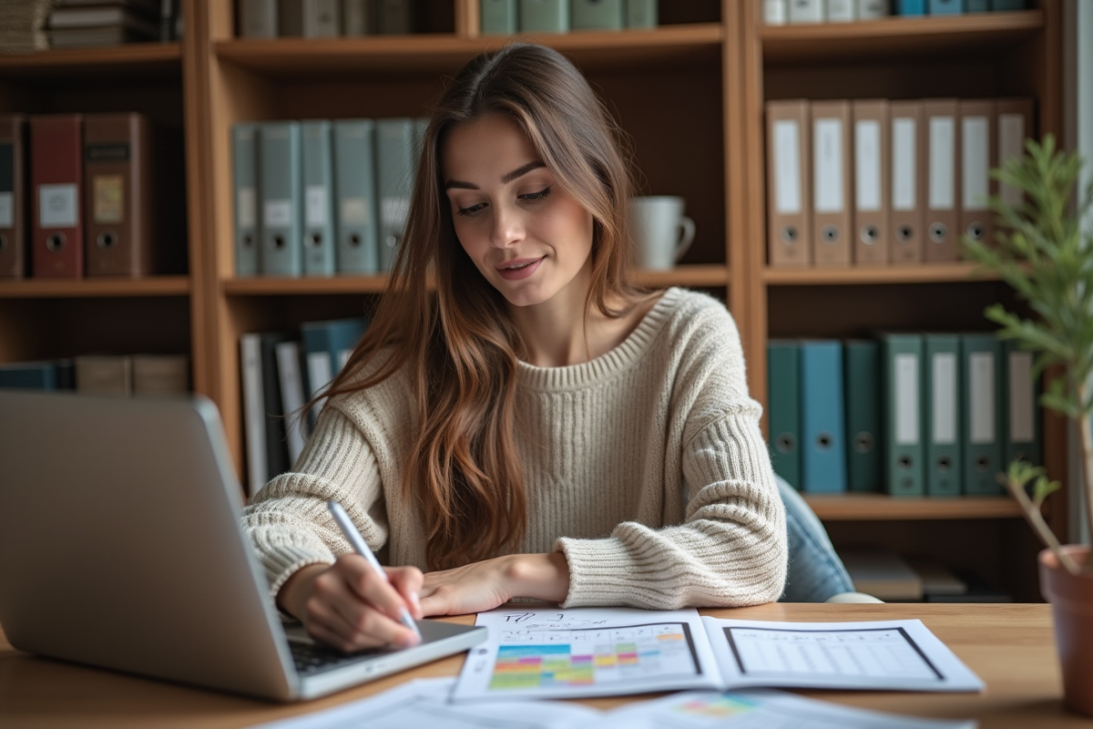Jeune femme organise son calendrier dans un bureau cosy