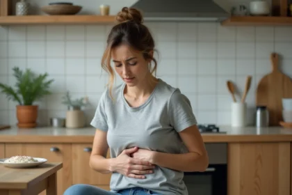 Femme ressentant des palpitations cardiaques et une gêne abdominale à la suite d'un repas, assise dans une cuisine moderne