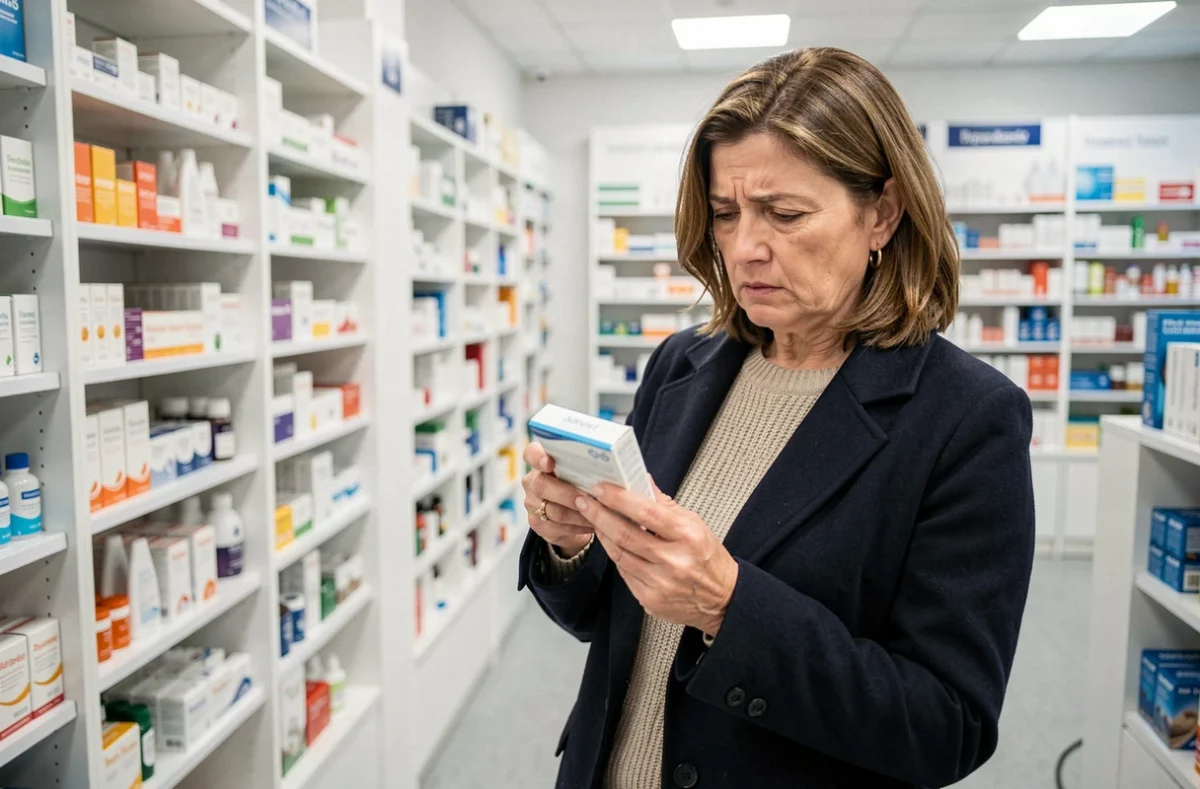 Femme en pharmacie cherchant un remède contre l'inconfort intime causé par le stress