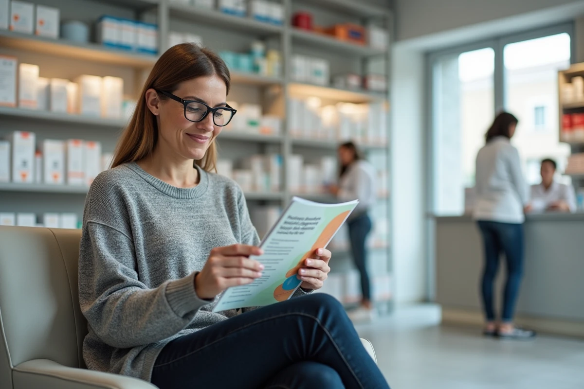 Femme d'âge moyen lisant une brochure sur la santé du foie et les enzymes hépatiques dans une pharmacie moderne