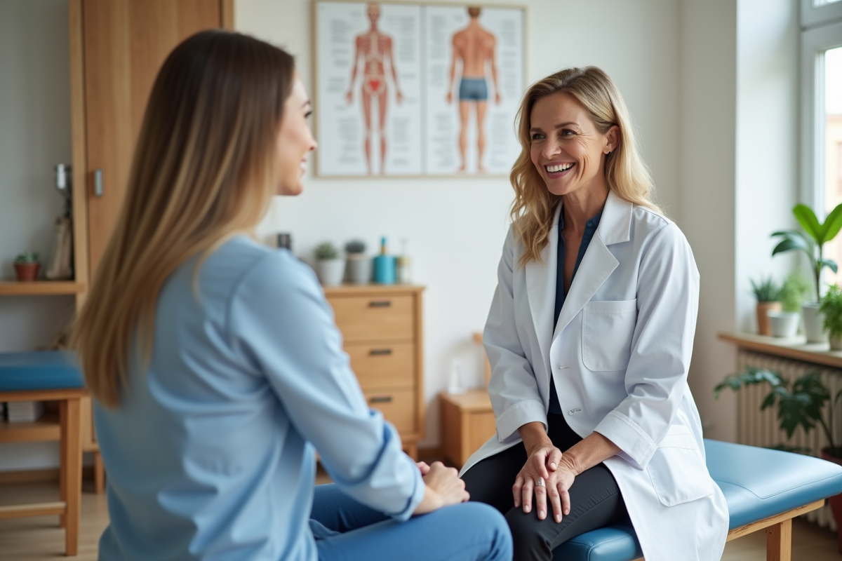 Physiotherapeute souriante consulte un patient dans la clinique