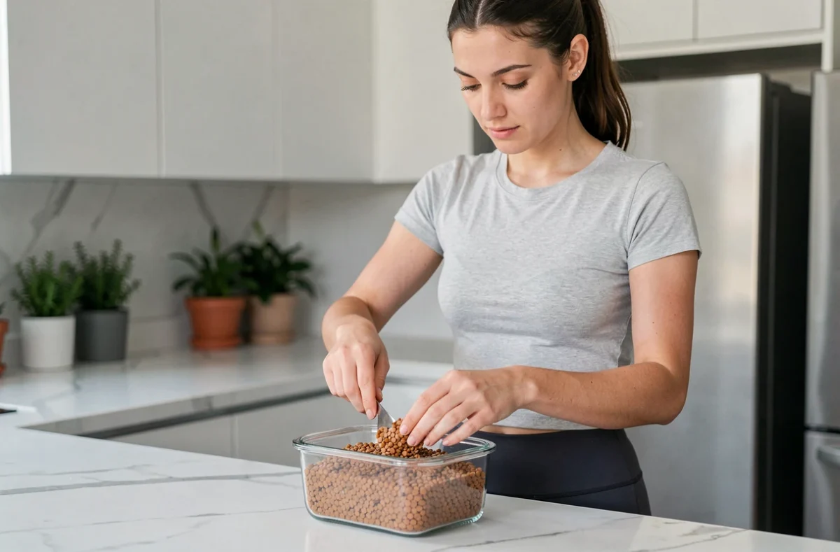 Femme préparant une portion de lentilles cuites dans une boîte repas en verre dans une cuisine moderne