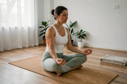 Femme pratiquant la posture du lotus au yoga dans un studio calme avec tapis en liège et accessoires