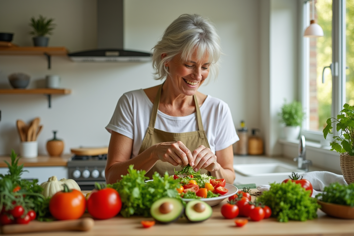 Femme de 50 ans préparant une salade colorée dans la cuisine