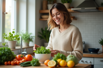 Femme souriante préparant une salade de légumes frais