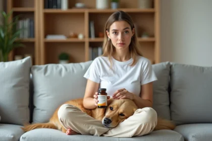 Femme tenant des probiotiques avec son chien golden retriever sur un canapé gris dans un salon cosy