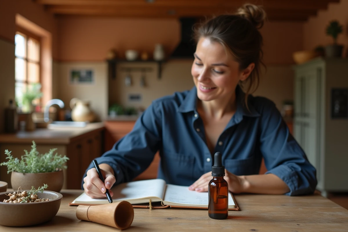 Femme consultant ses notes manuscrites pour une recette de sérum maison avec un flacon ambré et des botaniques séchées sur une table en bois rustique