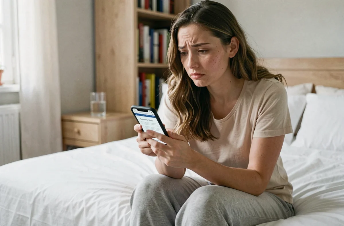 Jeune femme chez elle consultant des informations médicales sur son téléphone concernant des symptômes vaginaux