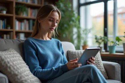 Femme en réflexion avec une tablette dans un salon