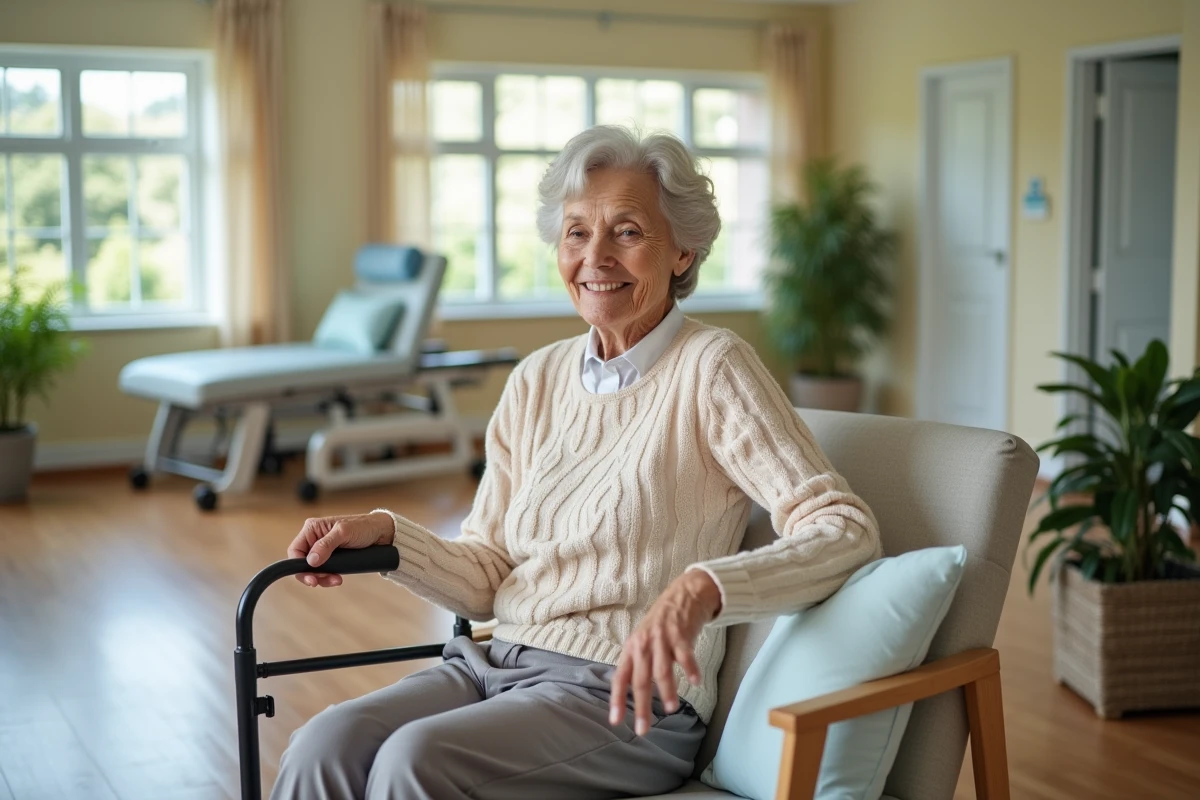 Femme âgée assise avec un déambulateur dans un centre de rééducation