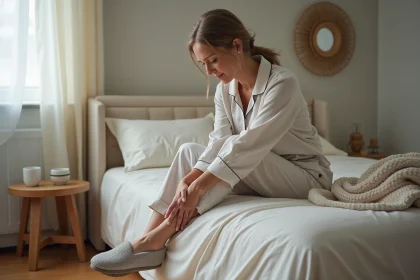 Femme assise sur son lit en détente et massage de la jambe
