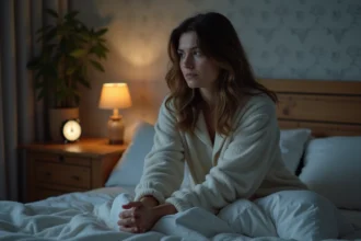 Femme en pyjama regardant une alarme lumineuse dans la chambre