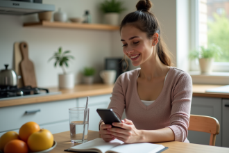 Femme en matinée saine dans une cuisine moderne