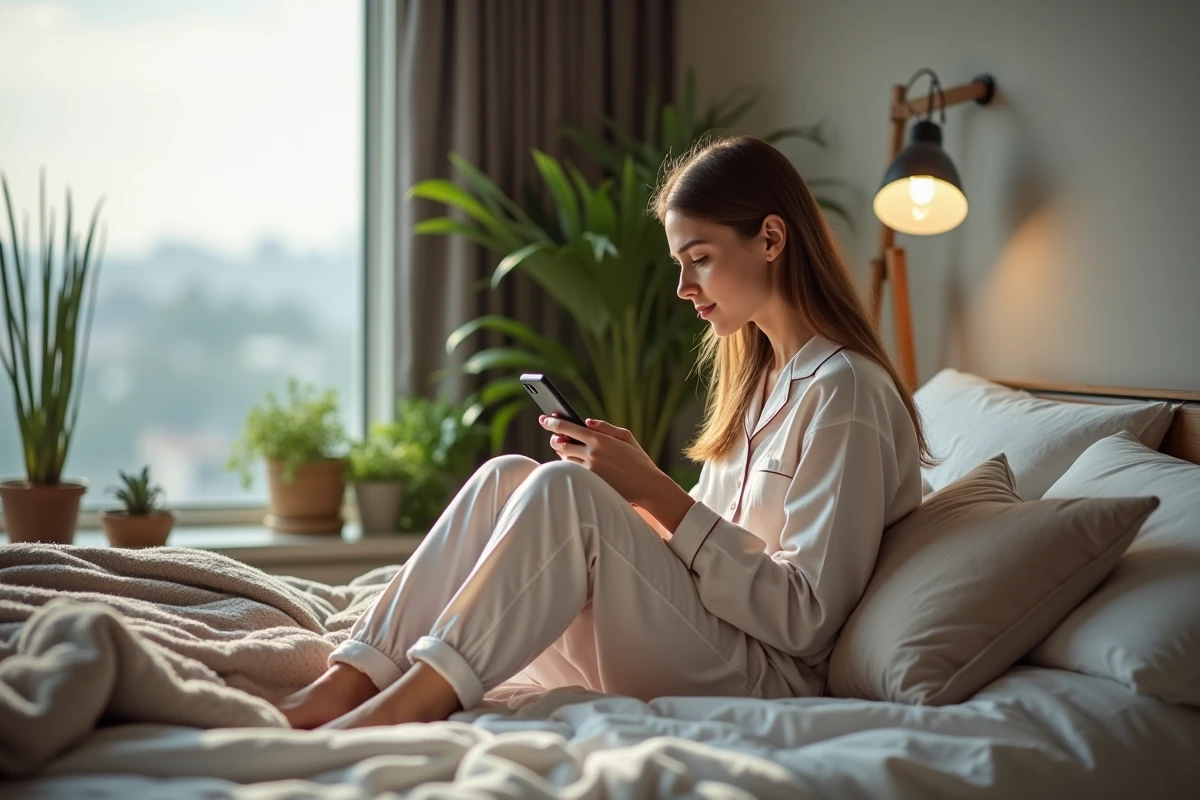 Jeune femme en pyjama regardant son smartphone dans sa chambre