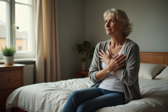 Femme d'âge moyen assise sur le lit en pensant