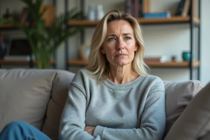 Femme en salon avec regard pensif et bras croise