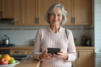 Femme senior avec calculatrice dans une cuisine chaleureuse