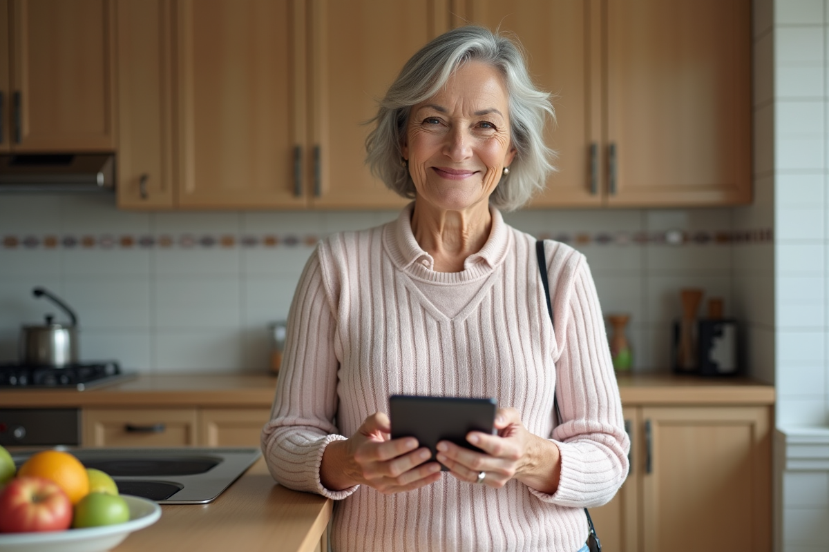 Femme senior avec calculatrice dans une cuisine chaleureuse