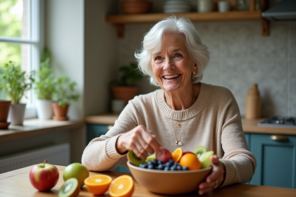 Femme senior souriante dégustant un bol de fruits frais