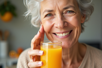 Femme senior souriante touchant sa joue avec un jus d'orange frais