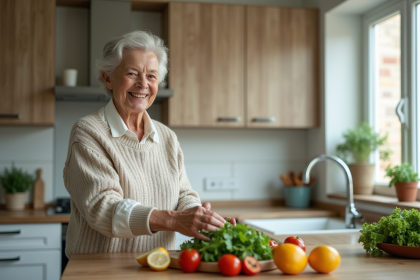 Femme âgée préparant une salade dans la cuisine