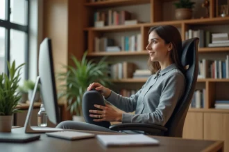 Femme en bureau ajustant un coussin lombaire
