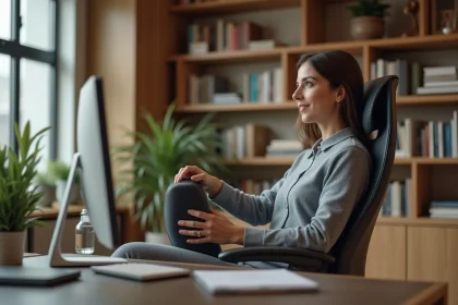 Femme en bureau ajustant un coussin lombaire