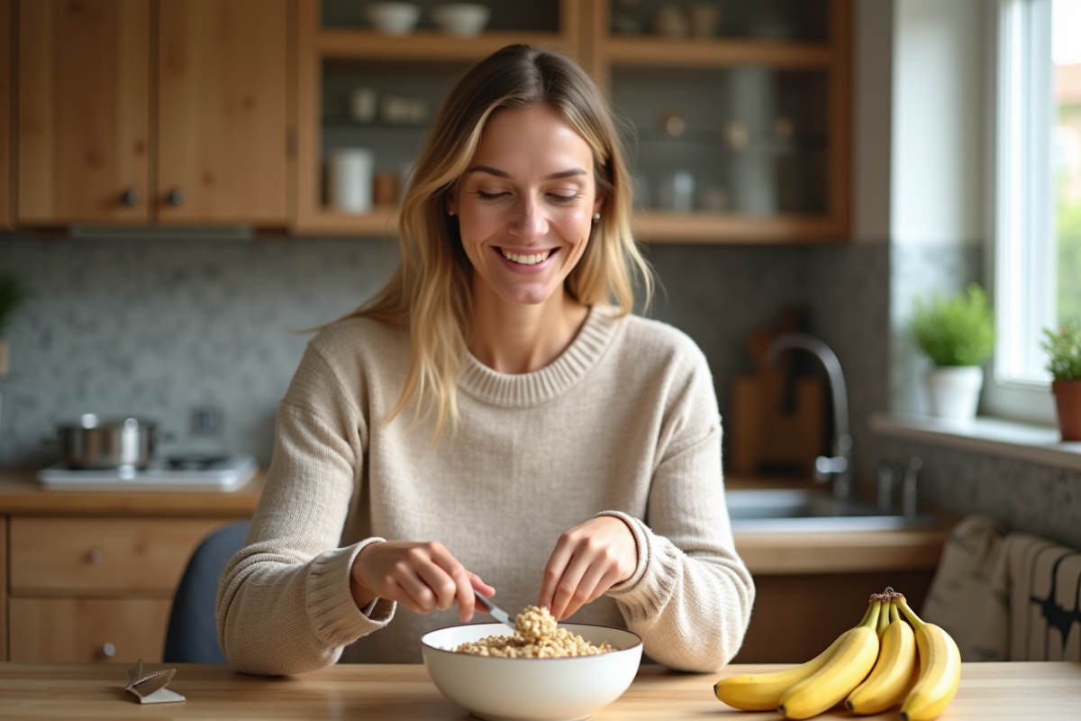 Femme en beige coupe une banane dans une cuisine chaleureuse