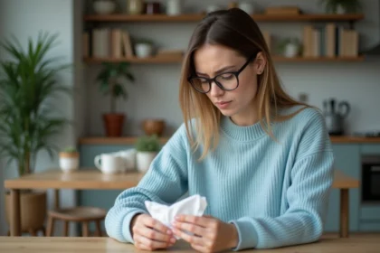 Femme pensant avec un mouchoir dans la cuisine moderne