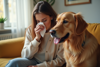 Jeune femme caressant un chien dans un salon ensoleille