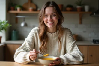 Jeune femme mangeant soupe maison dans une cuisine chaleureuse