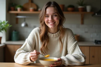 Jeune femme mangeant soupe maison dans une cuisine chaleureuse