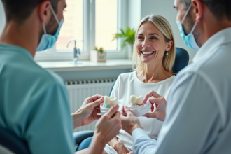 Femme souriante dans un cabinet dentaire expliquant un implant