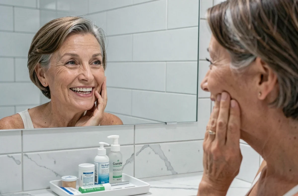 Femme âgée souriante dans une salle de bain après la pose d'un dentier sans palais sans implant