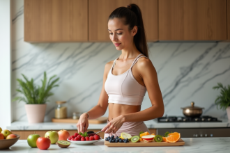 Femme en tenue de sport préparant une salade de fruits colorée