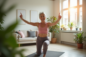 Femme souriante de 50 ans faisant du sport dans un salon lumineux