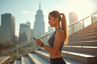 Jeune femme en tenue de sport regardant son tracker de fitness avec la ville en arrière-plan